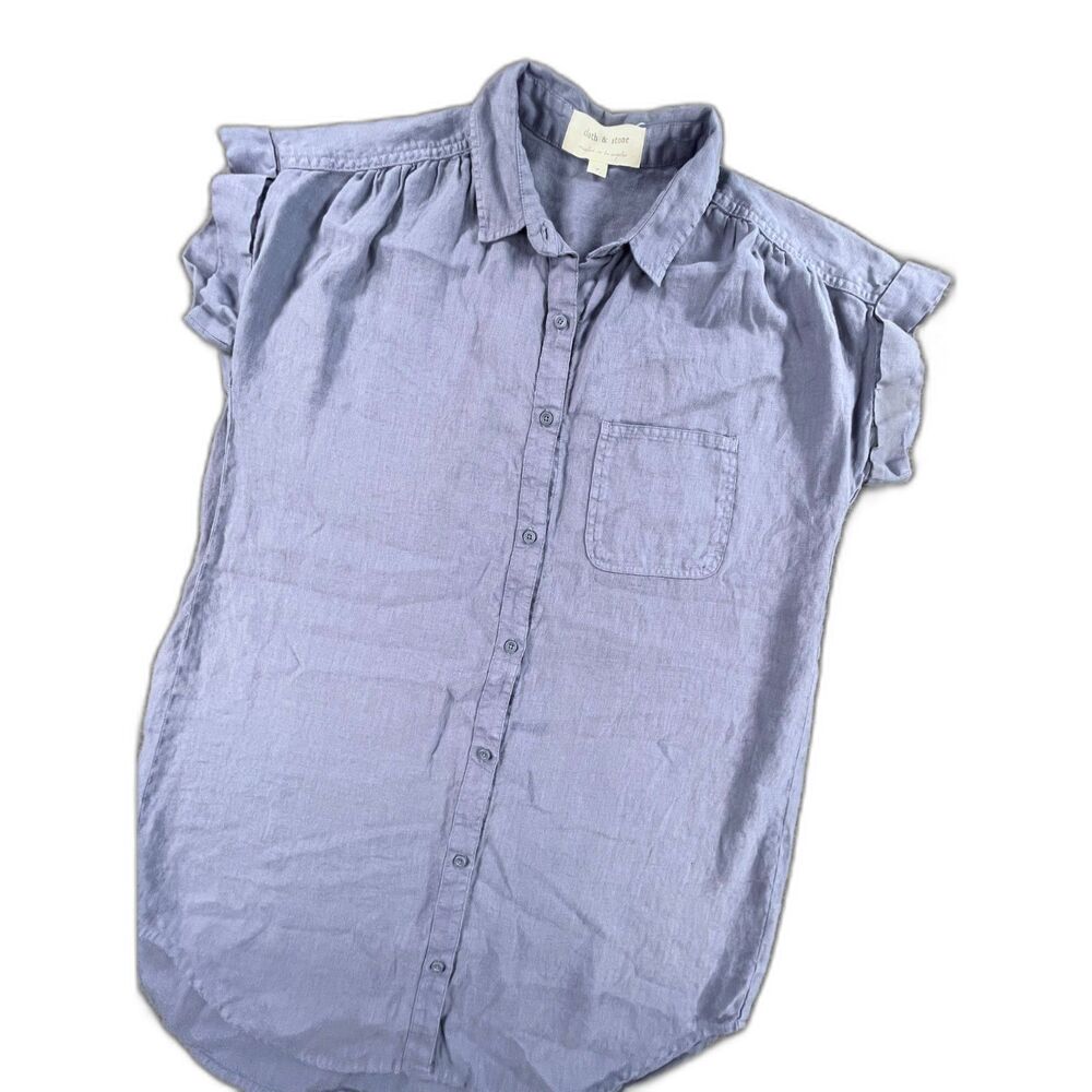 Cloth & Stone Linen Shirt Dress Tunic S Blue Short Sleeve Cuffed Pocket Top Flaw